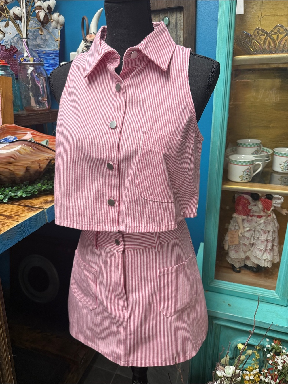 Striped Pink Sleeveless Button Crop Top & Mini Skirt Set - Unbranded